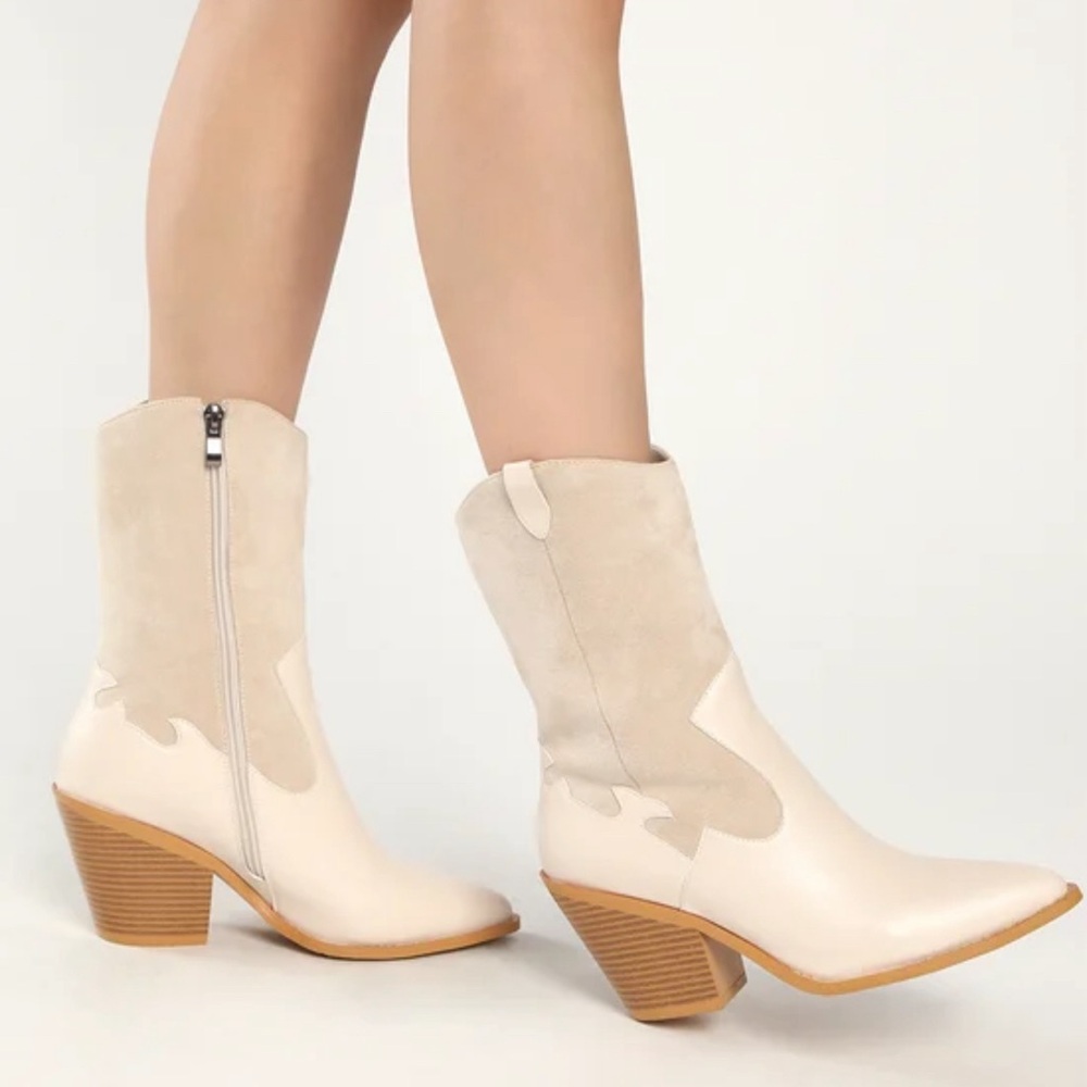 Lulus Hanxy Cream Suede Pointed-Toe Mid-Calf Boots Size 5.5